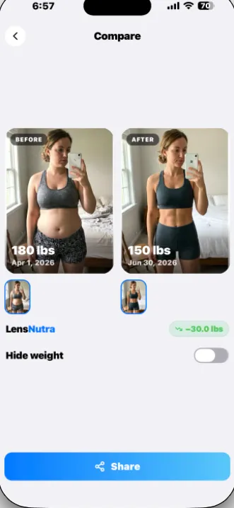 Before and after weight-loss photo comparison from 180 lbs to 150 lbs, down 30 lbs
