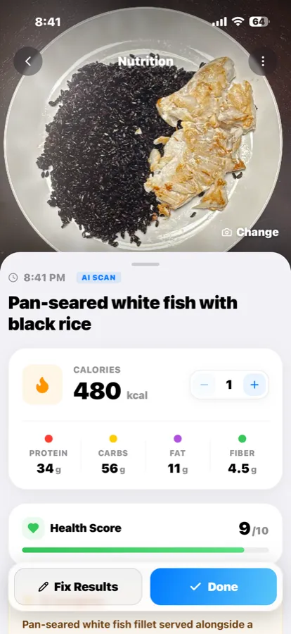 AI nutrition breakdown showing 480 calories with protein, carbs, fat, fiber and a 9 out of 10 health score