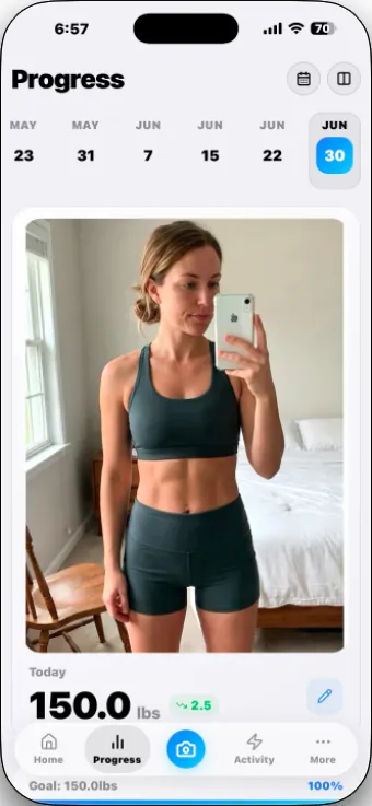 Weight progress screen showing 150 lbs with a body progress photo and calendar